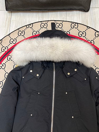 Moose Knuckles Black Plush-Trim Hooded Bomber Jacket