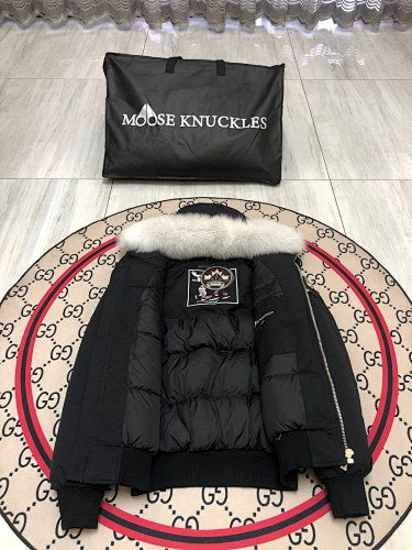 Moose Knuckles Black Plush-Trim Hooded Bomber Jacket