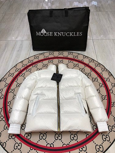 Moose Knuckles White Stand-Collar Quilted Puffer Jacket