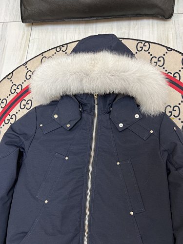 Moose Knuckles Navy Blue White-Trim Hooded Bomber Jacket
