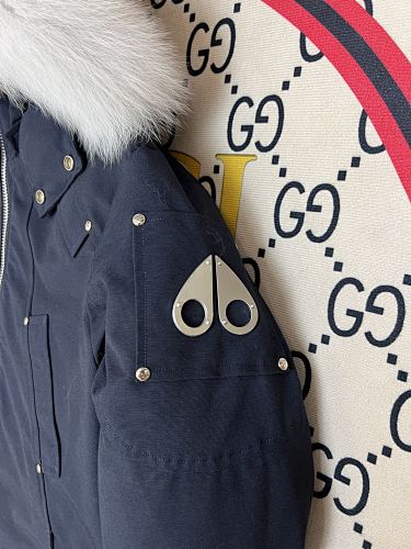 Moose Knuckles Navy Blue White-Trim Hooded Bomber Jacket
