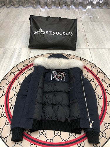 Moose Knuckles Navy Blue White-Trim Hooded Bomber Jacket