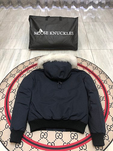 Moose Knuckles Navy Blue White-Trim Hooded Bomber Jacket