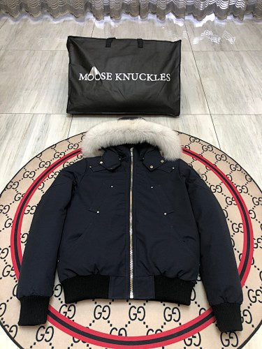 Moose Knuckles Navy Blue White-Trim Hooded Bomber Jacket