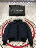 Moose Knuckles Navy Blue White-Trim Hooded Bomber Jacket