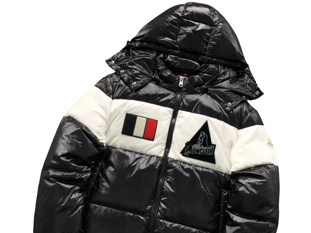 Moncler Black and White Glossy Hooded Puffer Jacket