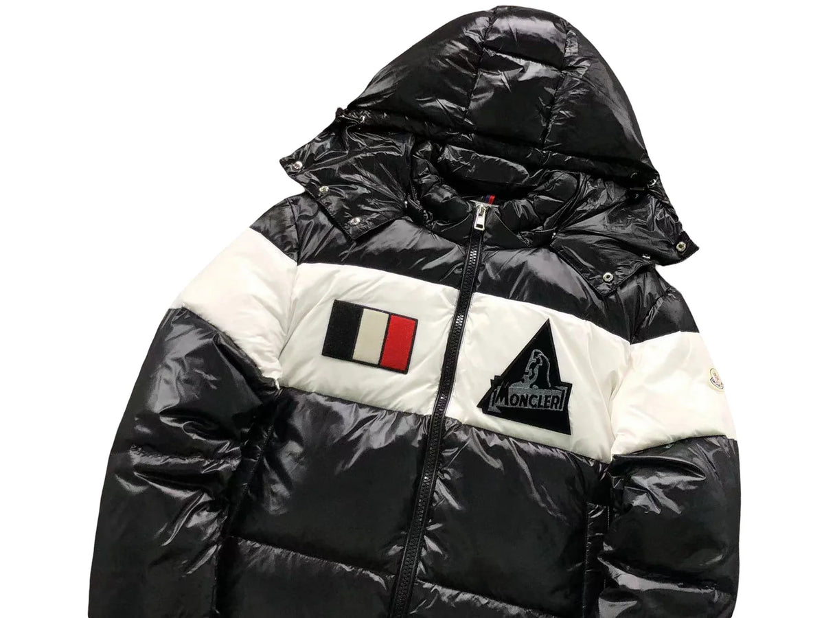Moncler Black and White Glossy Hooded Puffer Jacket