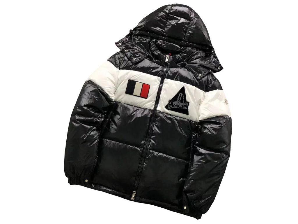 Moncler Black and White Glossy Hooded Puffer Jacket