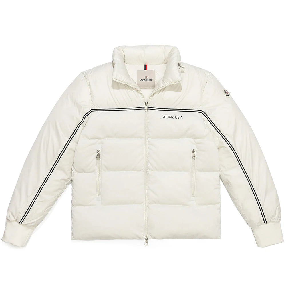 Moncler Ivory White Contrast-Stripe Stand-Collar Puffer Jacket