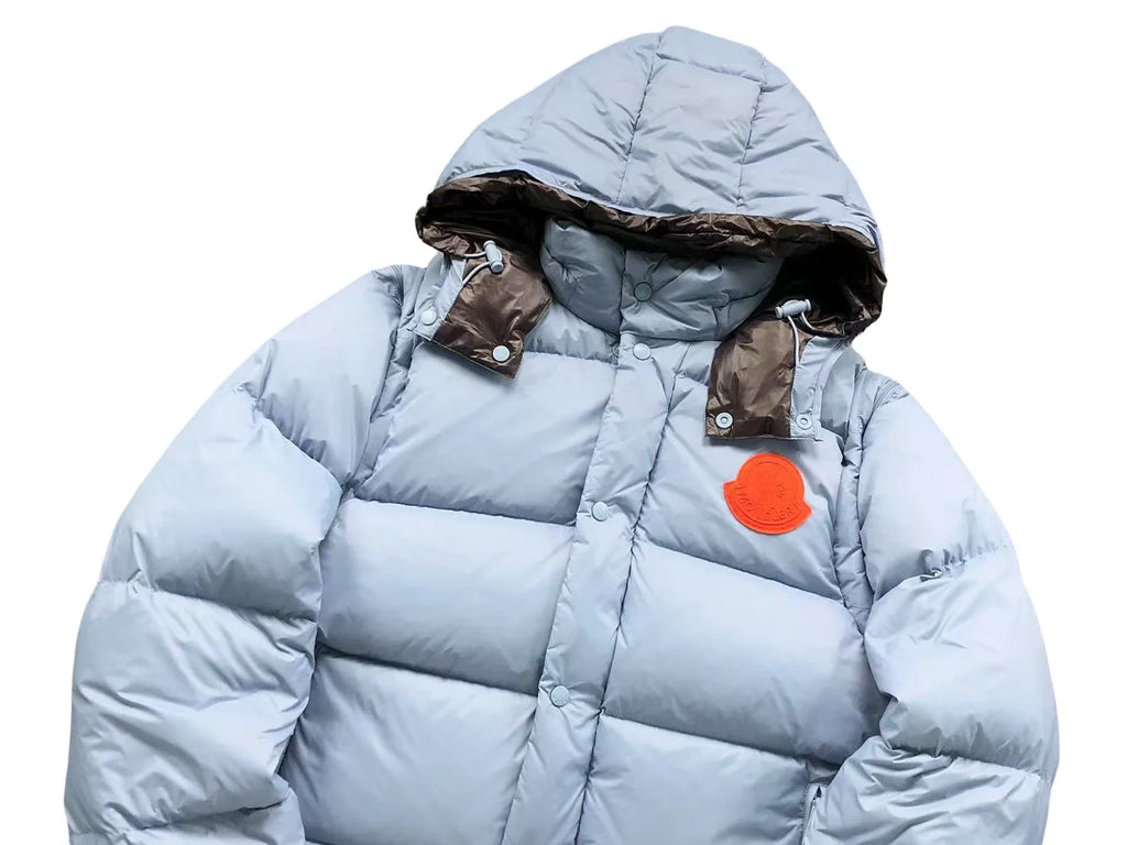Moncler Light Blue Orange-Logo Hooded Puffer Jacket