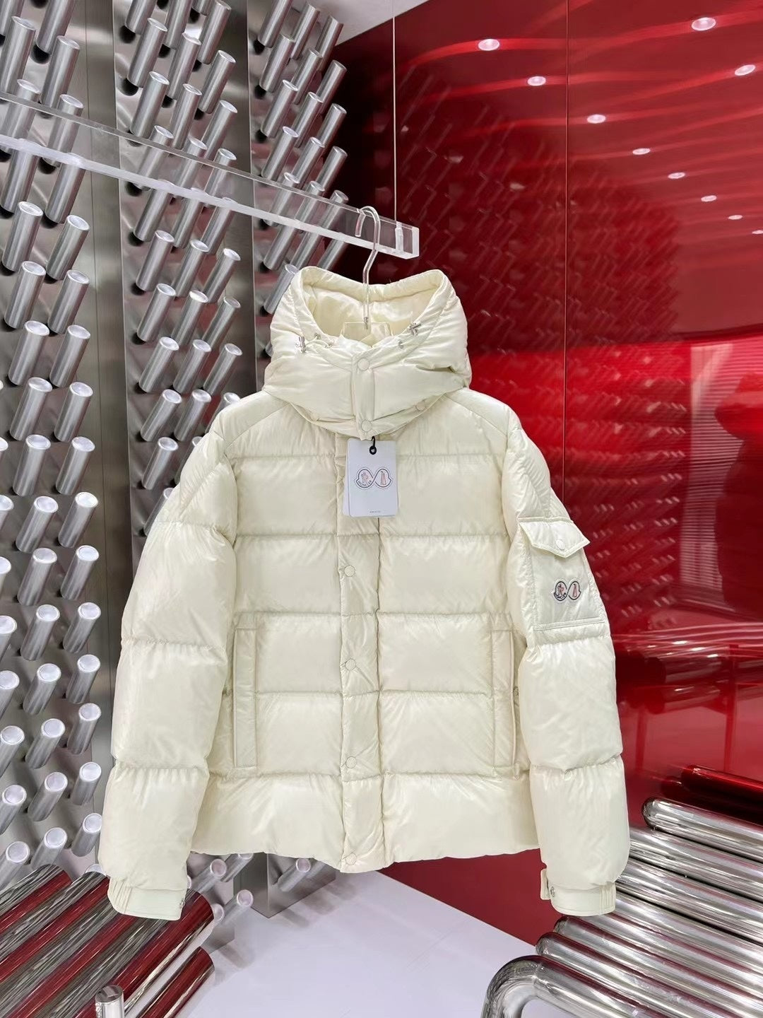 Moncler Ivory White Hooded Quilted Puffer Jacket