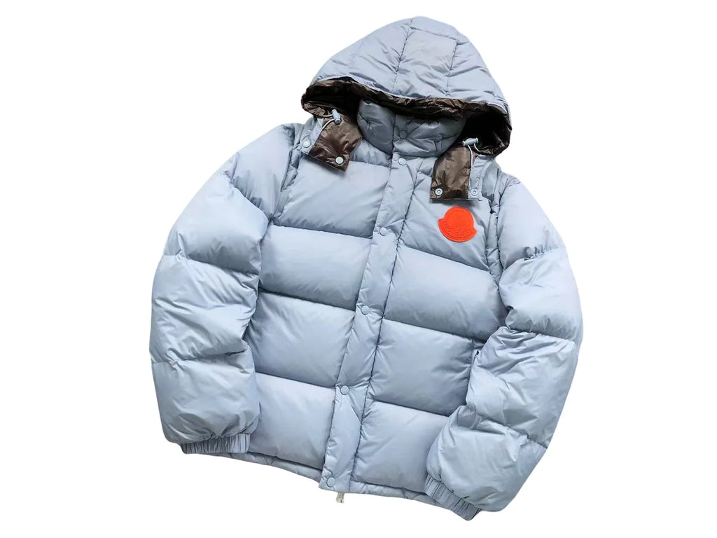 Moncler Light Blue Orange-Logo Hooded Puffer Jacket