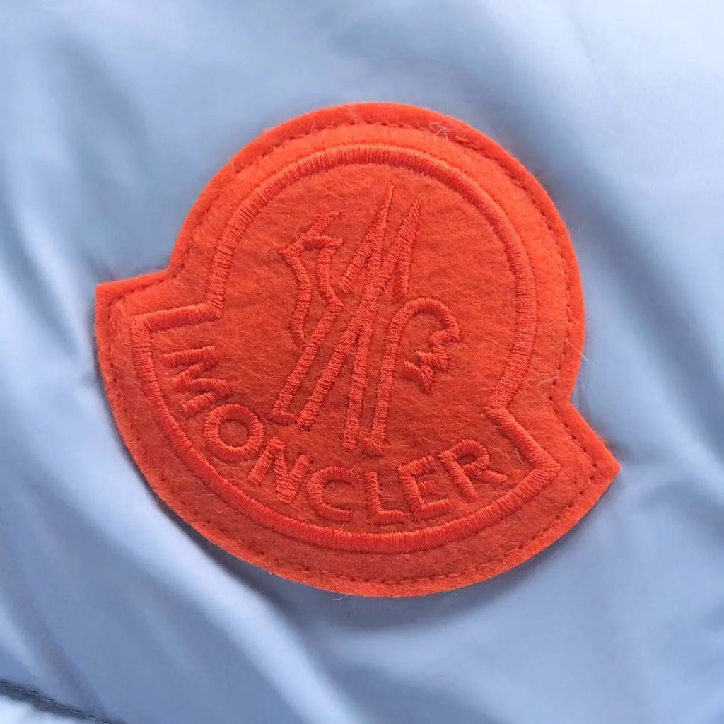 Moncler Light Blue Orange-Logo Hooded Puffer Jacket