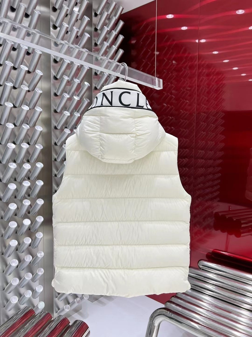 Moncler Ivory White Hooded Quilted Puffer Vest