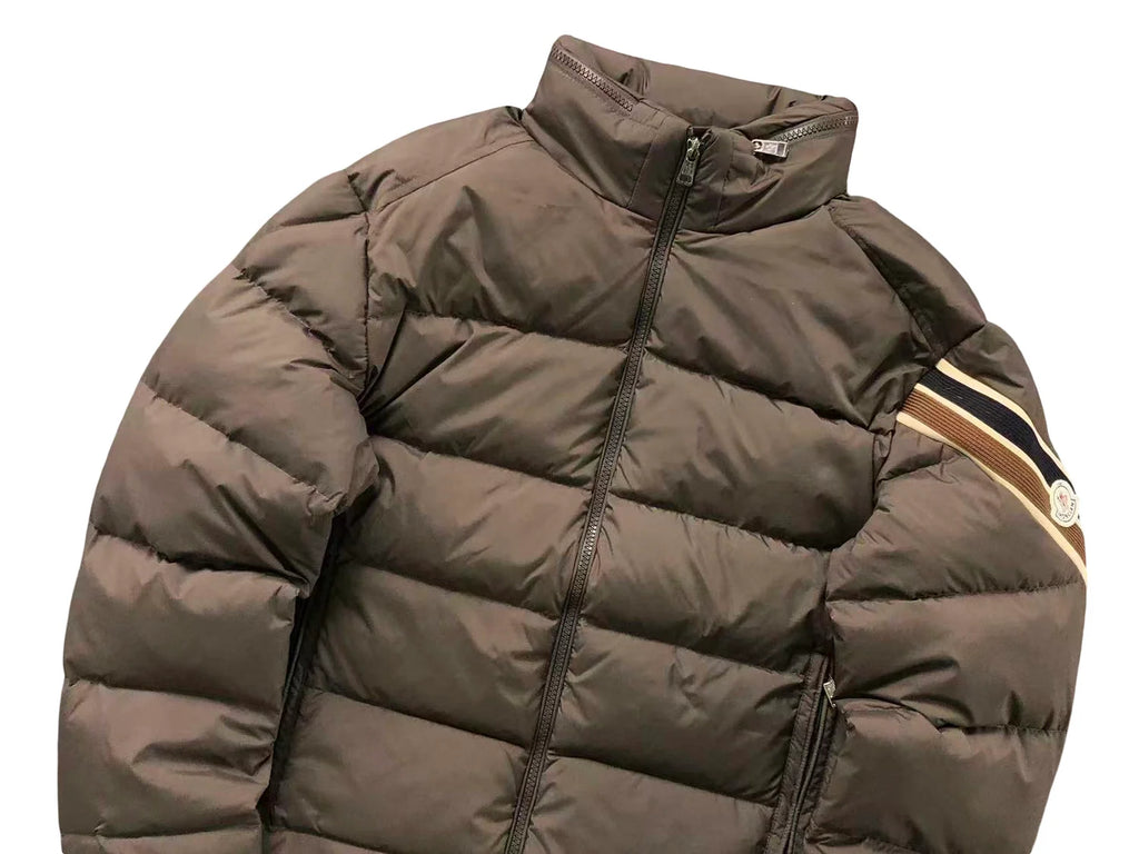 Moncler Taupe Brown Striped-Sleeve Stand-Collar Puffer Jacket
